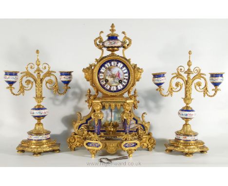 An exceptionally attractive French Ormolu and porcelain mantle Clock the two-train movement by Leroy & Fils, Paris, serial No