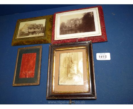 Four early portrait frames, two velvet covered, three containing old photographs of Shakespeare's birthplace etc.