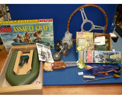 A box of Action Man, helicopter, pilot, plus boxed field radio pack, motorbike, assault craft and Cindy doll.