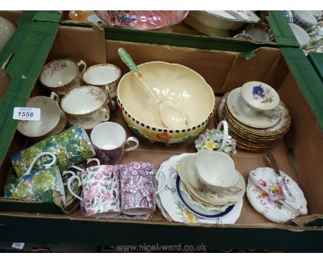 A box of china including John Maddock &amp; Sons 'Sunset ware' bowl and matching ladle a/f, Royal Albert matching coffee cans