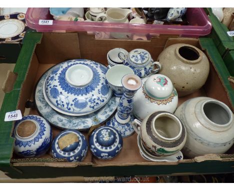 A box of blue &amp; white china to include hot water plate, candlestick, ginger jars, two cups, sugar and milk jug.