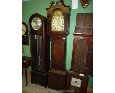 An Oak, Walnut and Mahogany cased 30 hr. Longcase Clock having a scroll-topped hood enclosing an arched painted face with ill