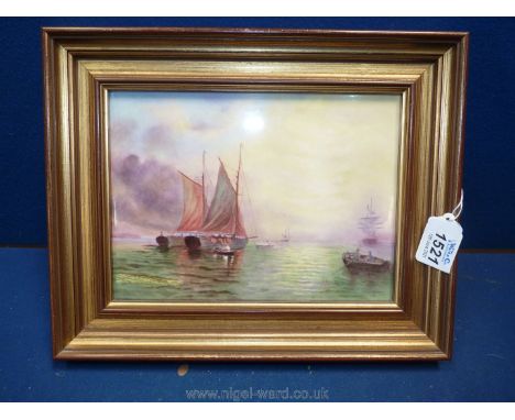 An attractive porcelain Plaque signed by E.R Booth (Royal Worcester) of sailing boats, 10 1/2" x 9 3/4", in gilt frame