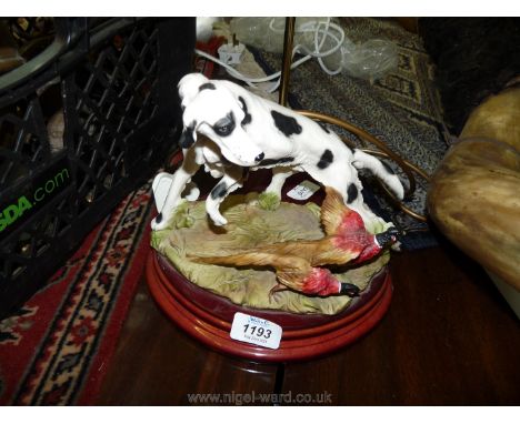 A table Lamp with composite model of working dog with two pheasants on base with a cream fringed lampshade, 28" tall incl. sh