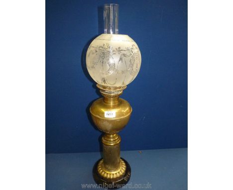 A Victorian Art Nouveau brass and marble based Oil Lamp with chimney and etched glass shade.