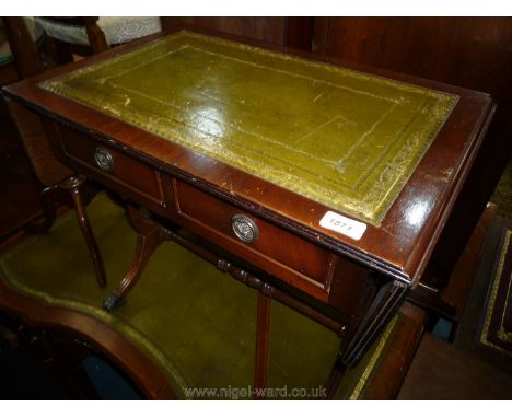 A contemporary lyre ended Mahogany Sofa Table of small dimensions having two frieze drawers, the top with inset gold tooled g