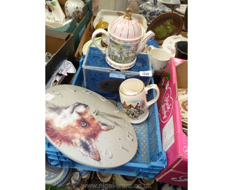 A quantity of hunting related items including Sadler mug, Sadler teapot (boxed), and a Fox Wall Clock 