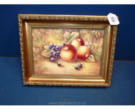 A Royal Worcester hand-painted porcelain Plaque of a fruit study of apples and grapes by J. Skerrett, 12 1/2" x 9 3/4", in gi