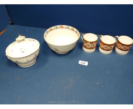 An 18th c. Derby covered sucrier, painted with cornflowers in red, blue and gold, a good English porcelain slop bowl with flo