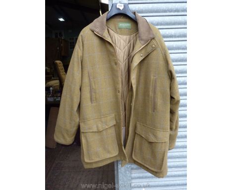 A gent's Brook Taverner tweed coat in green and blue stripe, with zip front and poppers, patch and side pockets, size XL.