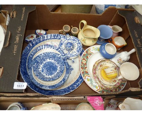 A quantity of china including large blue and white charger and small side plate, Moorland juicer, yellow Minton jug, Wedgwood