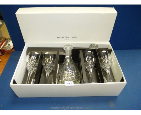 A Royal Doulton London 1815 wine lead crystal Decanter and four wine glasses, CIDESN 14245, boxed set.