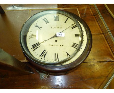 An early 19th c. Mahogany circular wall clock by Webb of Brecon with case and winding keys (detached glass).