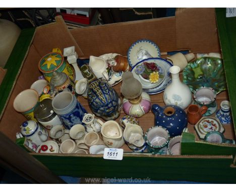 A quantity of miniature china items including Waterberry teapot (finial a/f.), cup and jug, Mexican pottery duck, jugs, vases