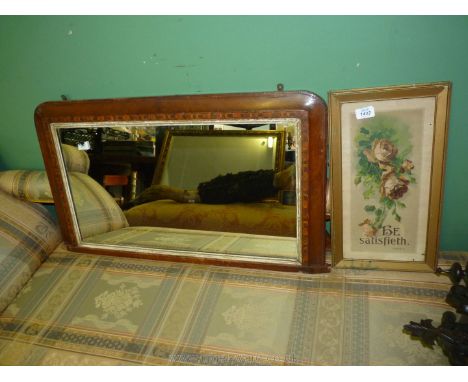 An Edwardian marquetry inlaid Mahogany over mantle mirror together with a similar Era Motto print.