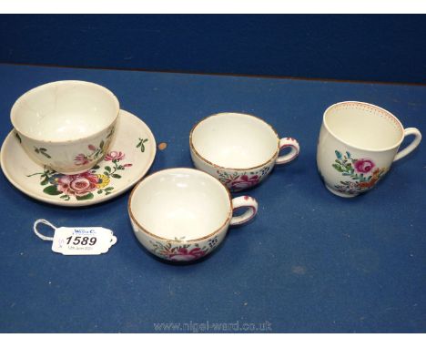 A Worcester first period coffee can with painted flowers, a Pearlware cup and saucer marked with a Z in black to base, a/f, a