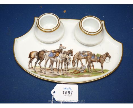 A very rare Nymphenburg World War I 'Kreigzeit Series' Porcelain inkstand, dated Kriegsjahr 1914-15 and with painters signatu