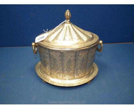 An Ottoman white metal tea caddy or box engraved with floral design, makers signature to body and cover, circa 1900, 9 1/2'' 
