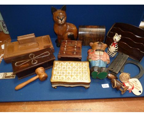 A quantity of Treen including desk tidy, veneered domed tea caddy, miniature chest of drawers, gavel, wooden cat and Teddy be