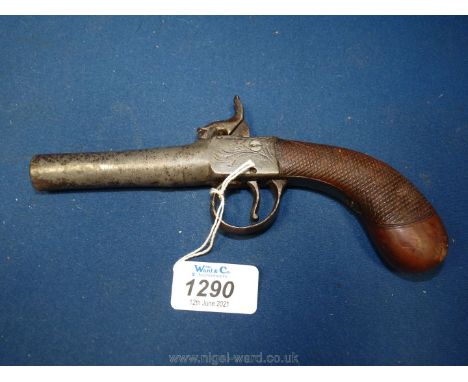 An antique top-hammer Percussion muff Pistol engraved with a leaf scroll to the action, the underside of the barrel with a nu