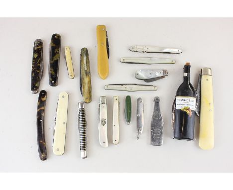 A collection of small knives, pen, fruit, etc, some with mother of pearl, horn and bone handles, including two shaped as wine