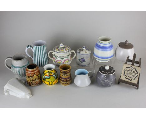 A Carter Stabler Adams Poole Pottery jug with green line decoration, together with a collection of other Poole and similar po