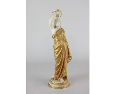 A Royal Worcester porcelain figure of a water carrier, her classical robe in red and gold lustre (a/f - chip to handle of pot
