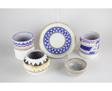 Five pieces of Carter Stabler Adams Poole Pottery including three vases, a plate and a small bowl, all with geometric designs