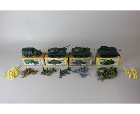 Four Airfix '00' scale Army vehicles including 6 x 6 truck, two Patton tanks and 155mm self-propelled gun, all boxed, togethe