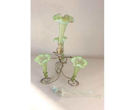 A green glass epergne with four frilly edge vases, in gilt metal stand in the form of plant tendrils, (a/f) 41cm high