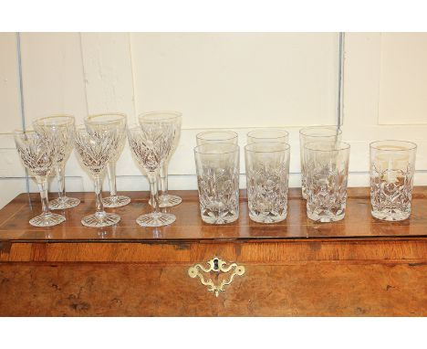A set of six Stuart cut glass wine glasses and seven tumblers