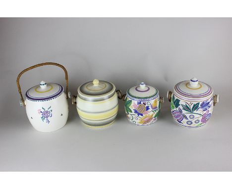 Three Poole Pottery storage jars and covers with wicker handles, together with a similar unmarked jar and cover with floral d