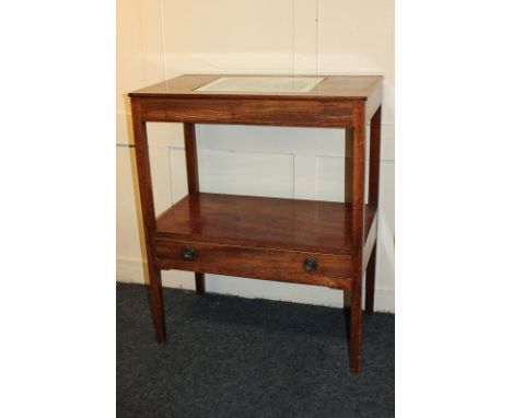 A mahogany side table, the rectangular top inset with a colour print depicting a fox beside a stream with geese, with under s