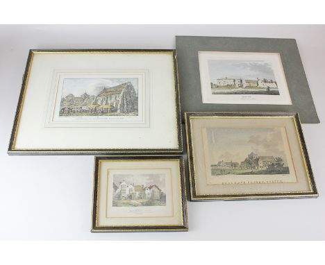 Local interest, three 18th/19th century coloured engravings of Halnaker House and Boxgrove Priory, largest unframed, 13cm by 