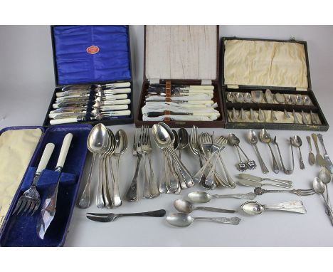 Four cased sets of silver plated flatware, together with a silver plated Old English pattern part canteen and various teaspoo