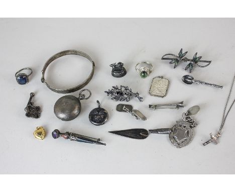 A 9ct gold heart locket, together with various silver items including a sovereign case, cufflinks, brooches etc