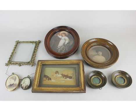A Roeseler, puppies playing with a baby, gouache, 11cm by 15.5cm, together with three Victorian/Edwardian portrait photograph