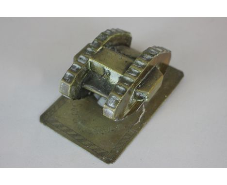 A First World War brass Shell Art model of a tank,  on rectangular base, engraved Souvenir of France, 10cm