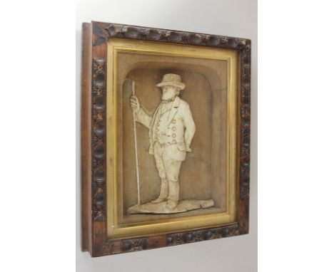 Local interest, 19th century plaster composite profile of a country gentleman with stick, mounted on velvet, inscription vers