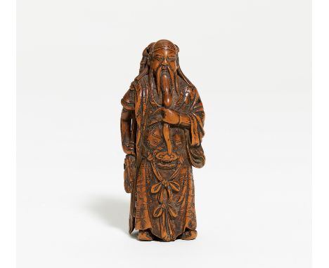 Titel: Netsuke des Kan'u mit seiner Drachenlanze. Herkunft: Japan. Zensur/Datierung: 18./19. Jh. H.7,7. Signatur: Auf der Rüc