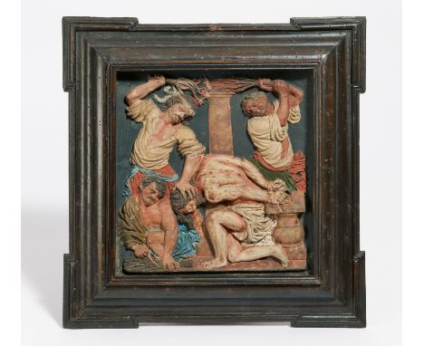 STUCKRELIEF MIT GEIßELUNG CHRISTI. Datierung: 17.Jh. Technik: Stuck, tlw. farbig gefaßt. Holzrahmen. Maße: Relief: ca.19x19cm