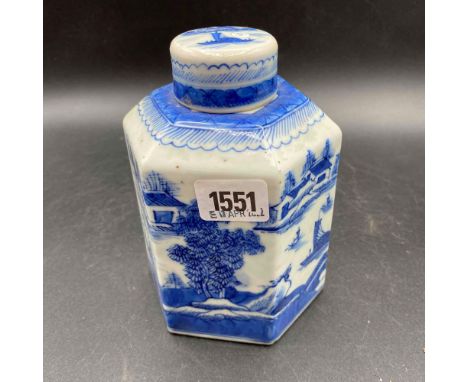 A Chinese hexagonal tea caddy and cover with landscape panel - 6" high 