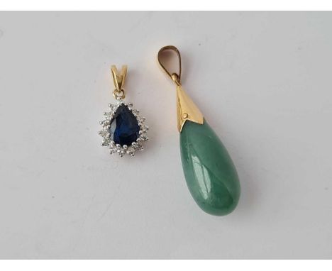 Sapphire &amp; diamond 9ct pendant and a 14ct gold jade drop pendant