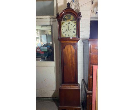Another mahogany grand father clock with painted arch dial with hunting scene - 7.6ft tall 