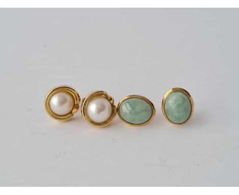 A pair of cultured pearl gold mounted earrings and a pair of jade &amp; gold earrings