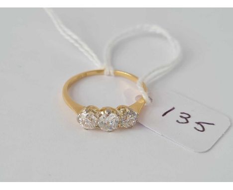 VICTORIAN 3 STONE DIAMOND RING IN 18CT GOLD &amp; plat with 0.95ctd diamonds size M