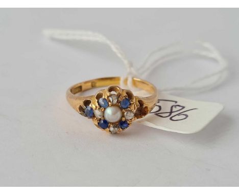 A 15ct pearl and diamond and sapphire ring (one stone missing) - size N 