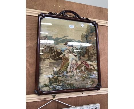 A MAHOGANY FRAMED WALL TAPESTRY 