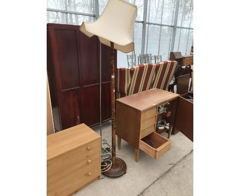 A TURNED MAHOGANY STANDARD LAMP AND A BRUSHED CHROME UPLIGHTER 