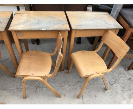 TWO VINTAGE SCHOOL DESKS AND TWO MATCHING CHAIRS 